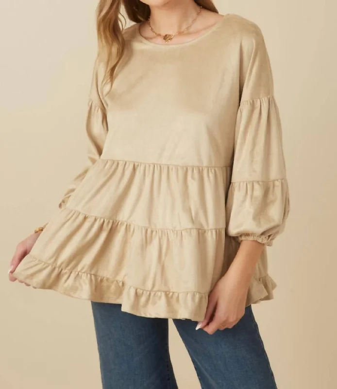 Suede Peplum Blouse In Taupe