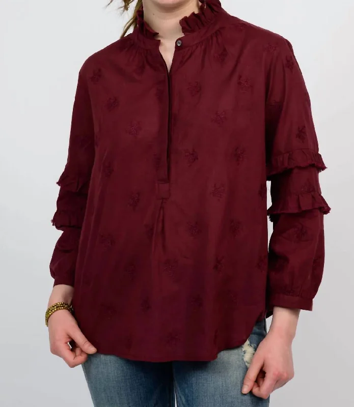 Double Ruffle Sleeve Top In Wine