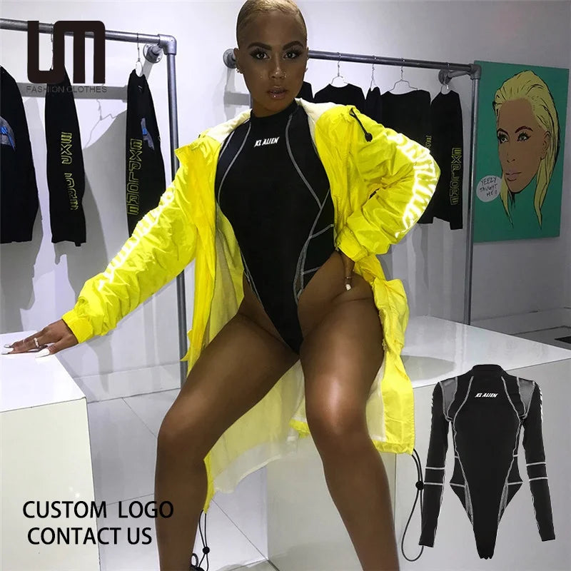 Liu Ming Hot Selling Wholesale 2024 Sexy Mesh Patchwork Bodysuit Print Letter Skinny Overall Romper Jumpsuits For Women
