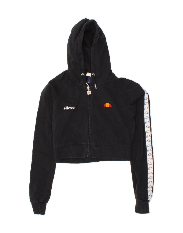 ELLESSE Womens Crop Graphic Zip Hoodie Sweater UK 6 XS Black Cotton Comfortable sweaters for all seasons