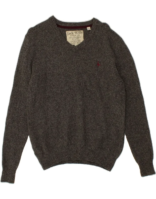 JACK WILLS Womens V-Neck Jumper Sweater UK 14 Large Grey Merino Wool Best sweaters for winter