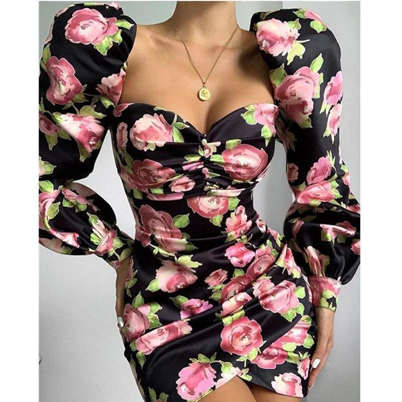 FashionSierra - Women Floral Print Long Sleeve Party Mini Dress Sexy Sheath Club Wear Slash Neck Dresses Sleeveless mini dresses