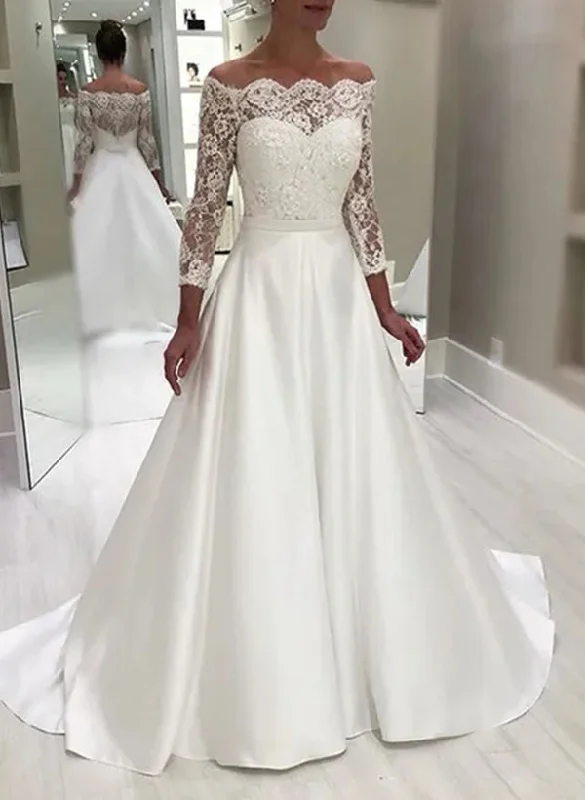 A-Line/Princess Off-the-Shoulder Floor-length Lace Wedding Dress Wedding Dress Set