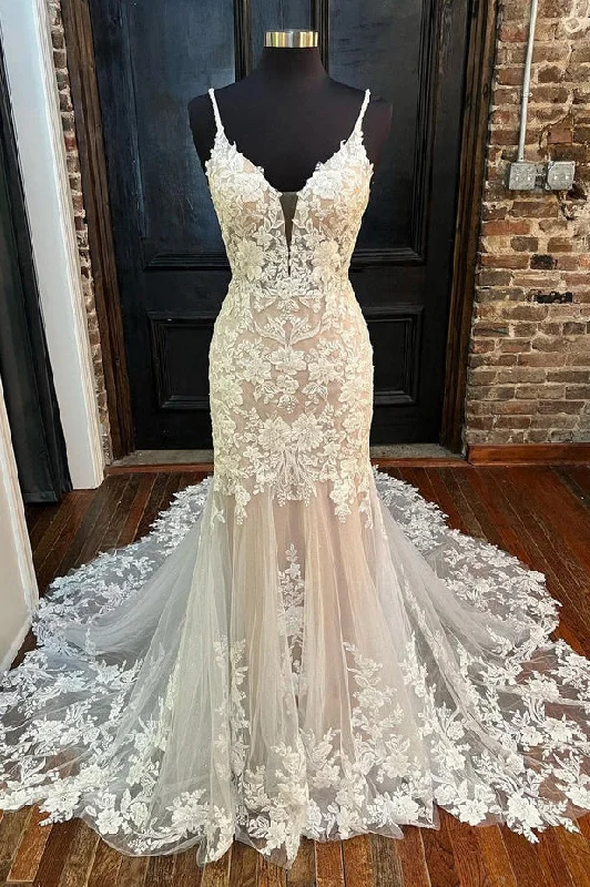 Elegant Mermaid V Neck Lace Wedding Dresses with Appliques N118 Illusion Lace Gown