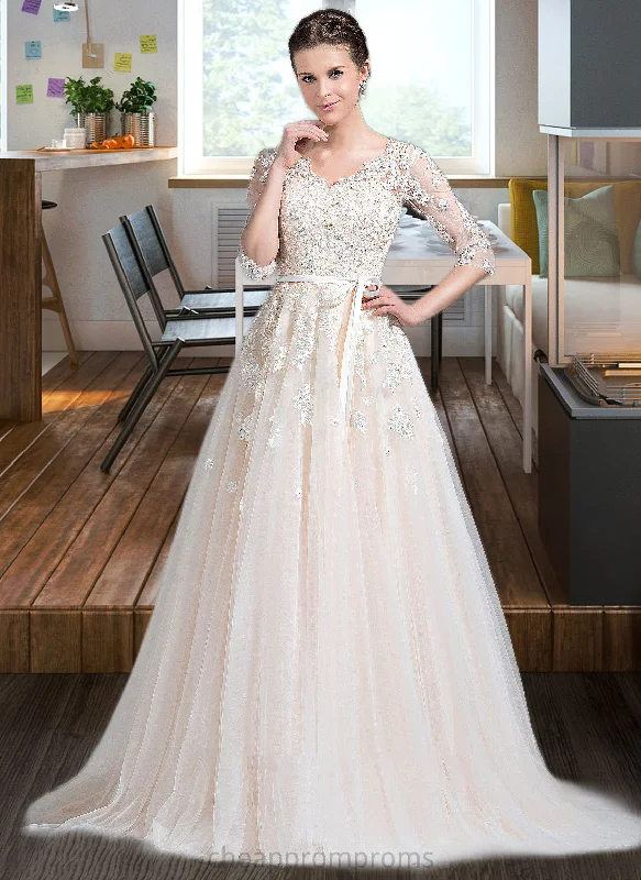 Savanna Ball-Gown/Princess V-neck Court Train Tulle Wedding Dress With Beading Appliques Lace Sequins Bow(s) STIP0013809