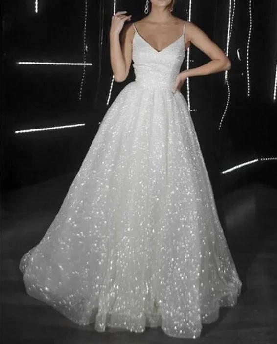 Shiny Spaghetti Straps Tulle Sequins Long Prom Dress Evening Dress Wedding Dress  SH1483 Lace Wedding Dress