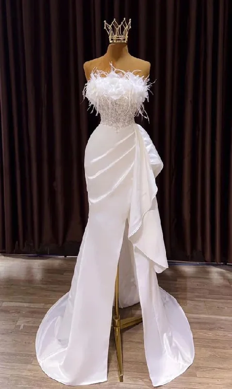 Vintage Mermaid Long Slit White Wedding Dress Prom Dress SH1333 Soft Satin Bridal