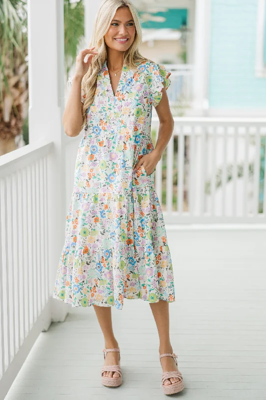 Always Ready Cream White Floral Midi Dress Fashion-forward midi dresses