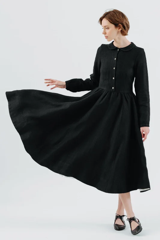 Classic Dress, Long Sleeve, Twill Linen, Black Herringbone Casual midi dresses