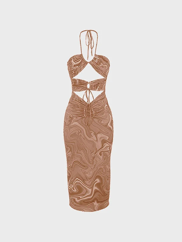 Cutout Wave Print Halter Midi Dress Elegant midi dresses