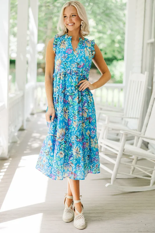 Fate: Start The Day Blue Floral Midi Dress Satin midi dresses