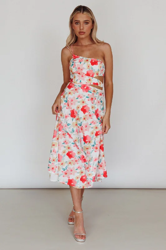 Halia One-Shoulder A-Line Midi Dress Floral Pink Best midi dresses for casual wear