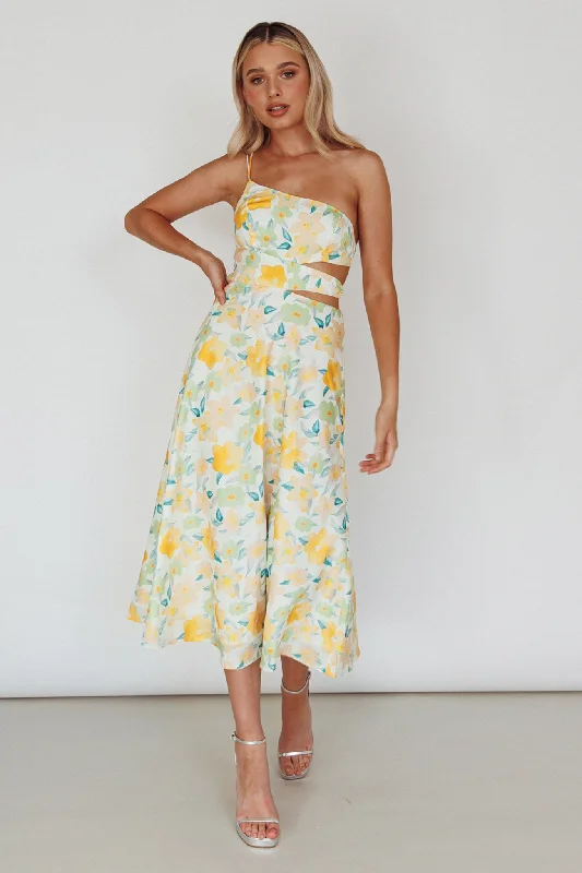 Halia One-Shoulder A-Line Midi Dress Floral Yellow Luxury midi dresses