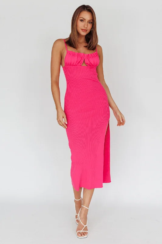 Jelina Gathered Bust Knit Midi Dress Fuchsia Edgy midi dresses