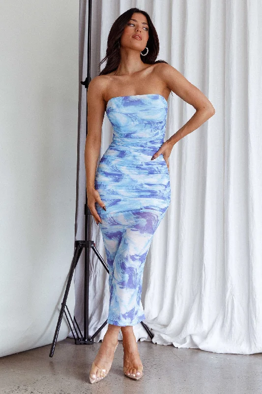 Logan Strapless Ruched Midi Dress Blue Must-have midi dresses for this season