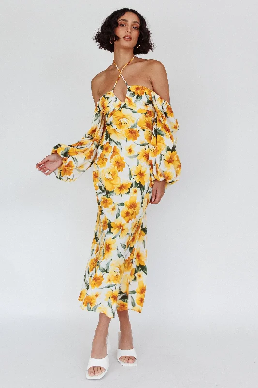 Nyree Long Sleeve Midi Dress Flowers Yellow Birthday midi dresses