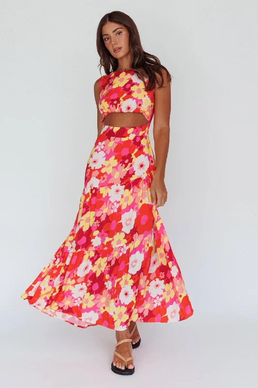 Shaniqua Cut-Out Sleeveless Midi Dress Floral Pink Women's trendy midi dresses sale