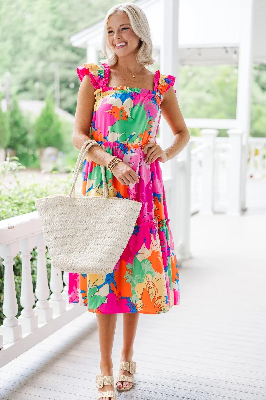Tell It All Pink Floral Midi Dress Cheap midi dresses