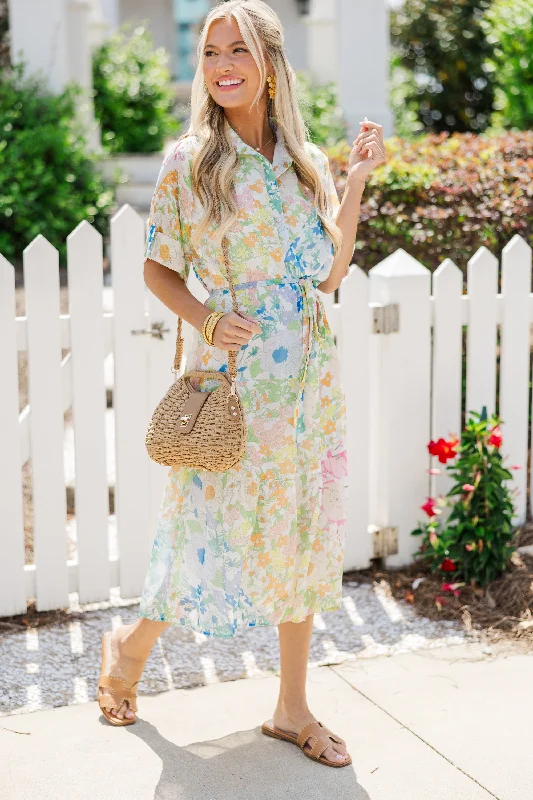 You Have My Attention White Floral Midi Dress Flattering midi dresses for all body types
