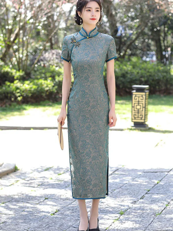 2022 Blue Jacquard Maxi Cheongsam Qi Pao Dress Stretchy maxi dresses