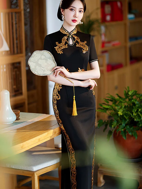 Black Red Mothers Appliques Maxi Qipao Cheongsam Dress