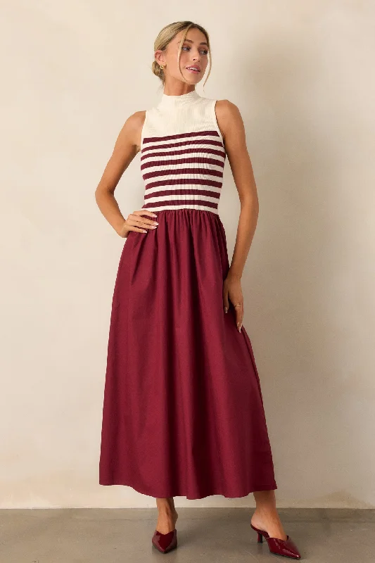 Timeless Treasures Burgundy Sleeveless Striped Maxi Dress Off-shoulder maxi dresses