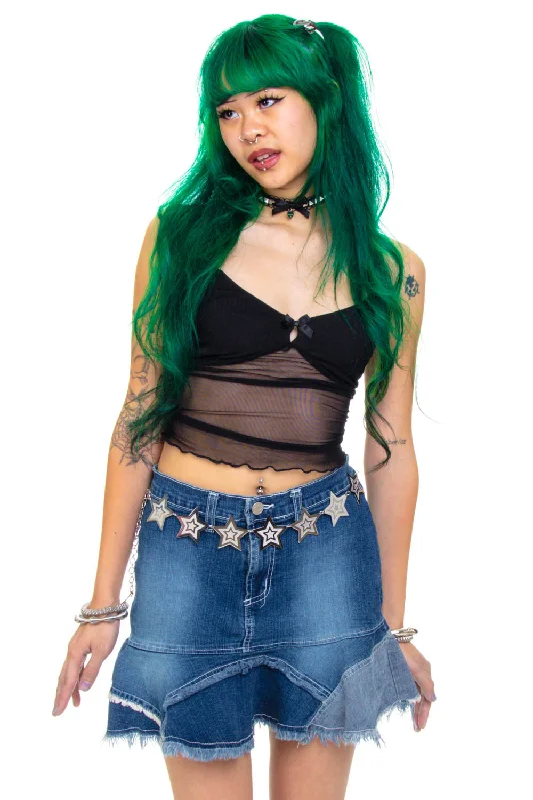 Vintage Y2K Denim Ruffle Raw Hem Mini Skirt - S Soft Pleated Skirt