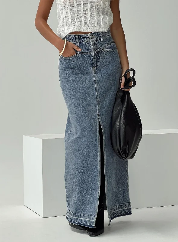 Deneuve Denim Maxi Skirt Mid Wash Casual Long Skirt