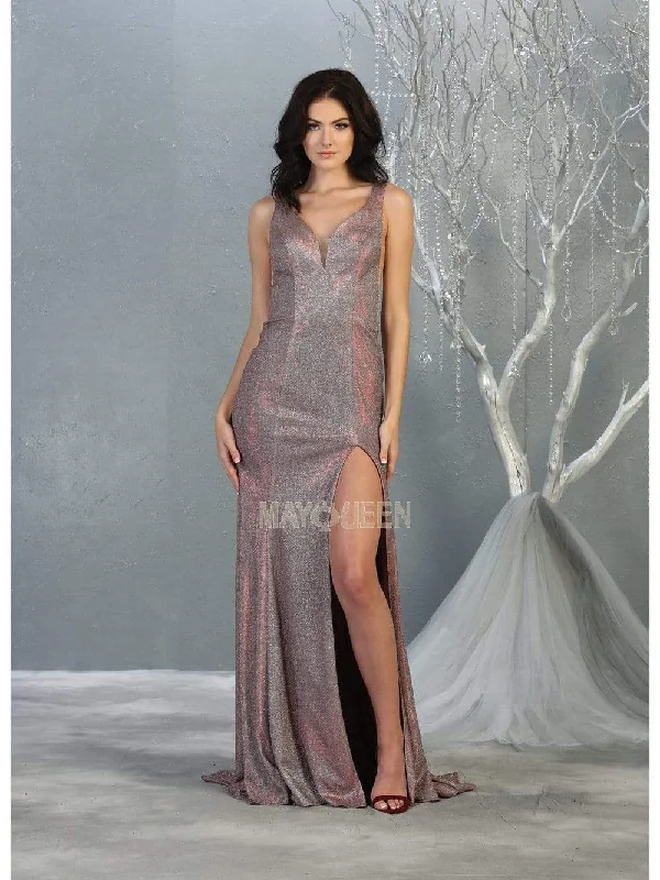 May Queen - MQ1805 Deep V-neck Trumpet Dress With Slit Vacation unclassified dresses