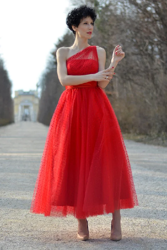 A-line One-shoulder Floor Length Sleeveless Tulle Evening Dress Tulle Dress Glow