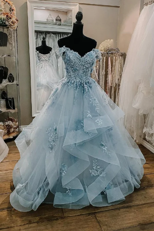 Blue Tulle Lace Long Prom Dress, A-Line Off the Shoulder Evening Dress Tulle Dress Set