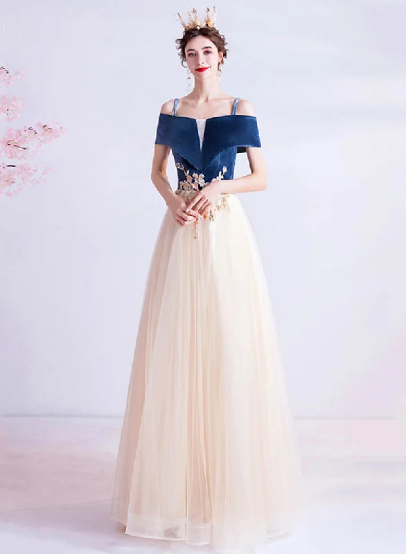 Blue Velvet and Champagne Tulle Long Prom Dress