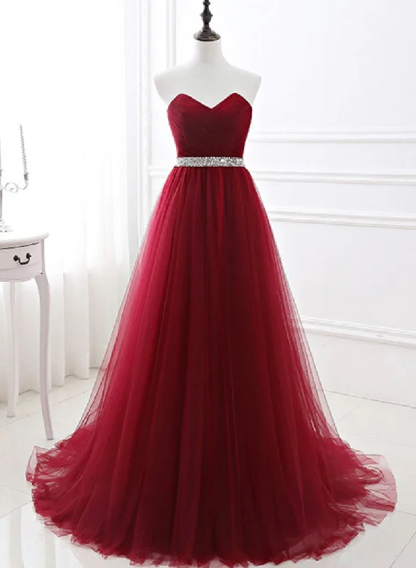 Burgundy Strapless Tulle Beaded Long Prom Dress