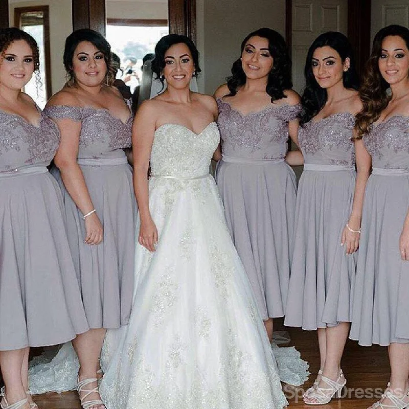 Cap Sleeve Off Shoulder Tea Length Chiffon Lace Grey Bridesmaid Dresses, WG134 Lace Cocktail Gown