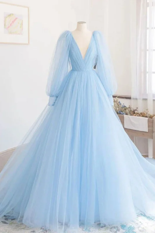Beautiful V-Neck Long Sleeve Tulle Prom Dress Long Sleeve Tulle