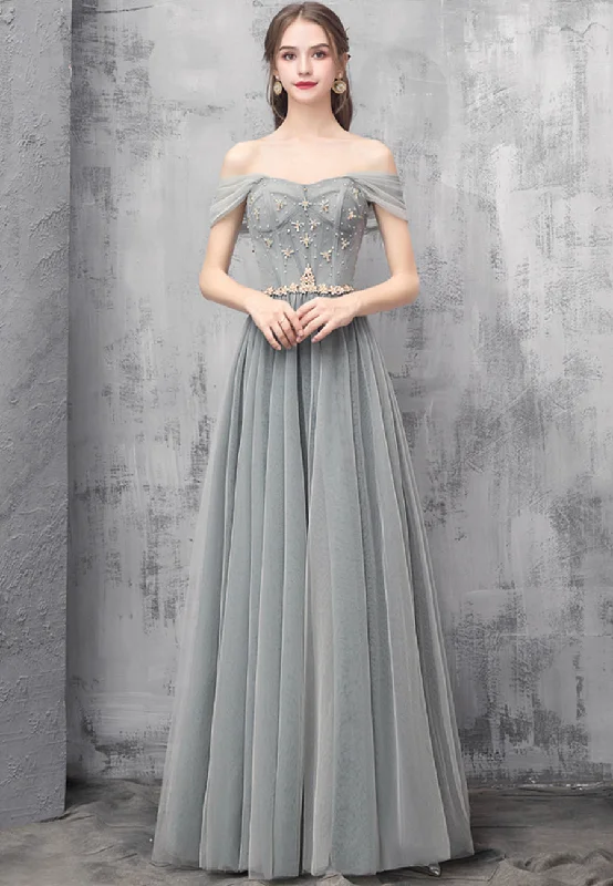 Gray Tulle Beaded Long Prom Dress, Off the Shoulder Evening Dress Stylish Tulle Dress