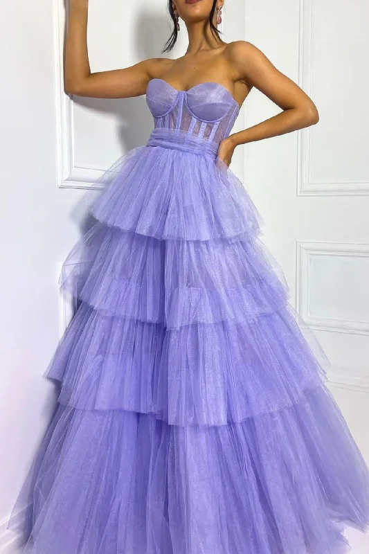 Purple Strapless Tulle Long A-Line Formal Dress Tulle Dress Modern