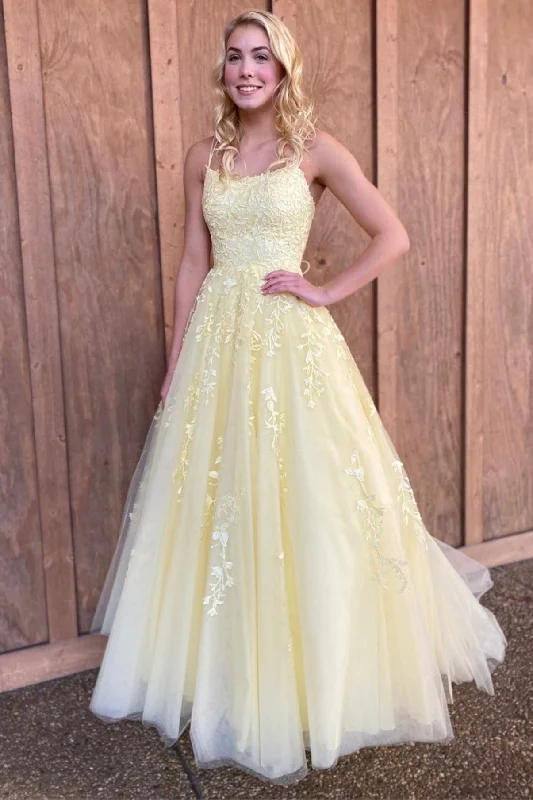 Yellow Spaghetti Strap Tulle Lace Long Prom Dress, A-Line Backless Evening Dress Vintage Tulle Dress