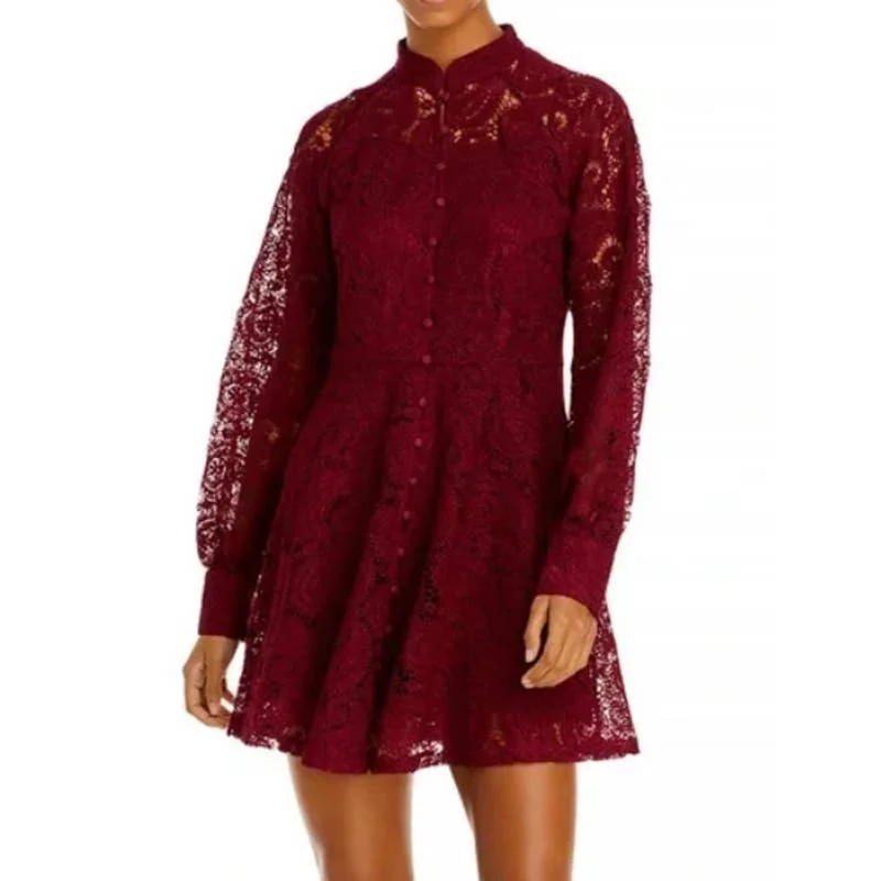 AQUA Women's Burgundy Lace Button Front Long Sleeve Dress