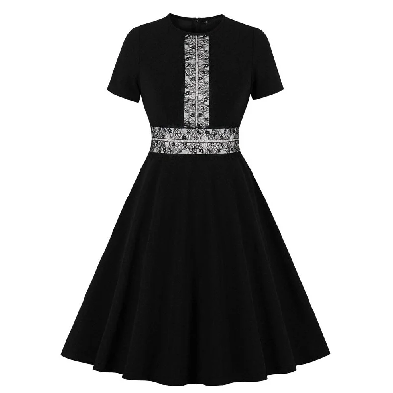 Black Women Lace Patchwork Short Sleeve Robe Pin Up Swing High Waist Office Ladies Dresses