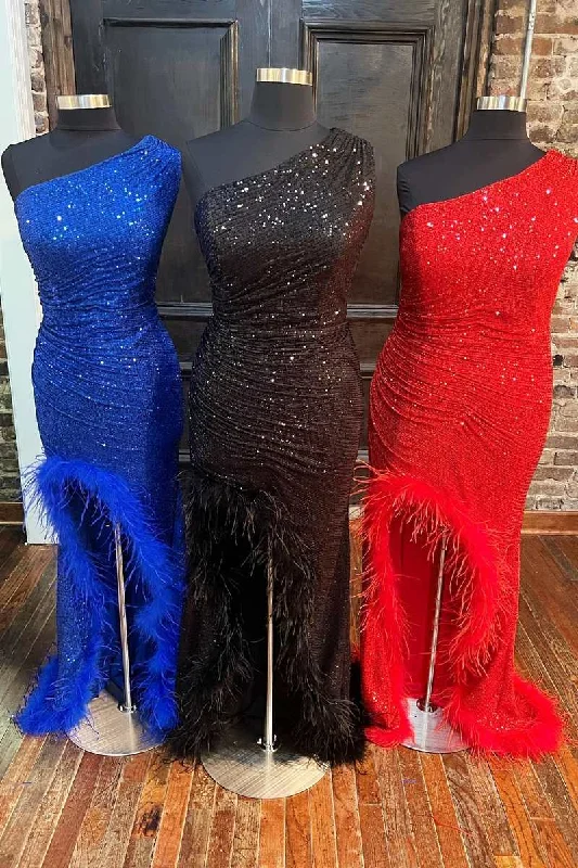 One-Shoulder Sequin Feather Long Prom Dress with Slit Sequin Dress Party