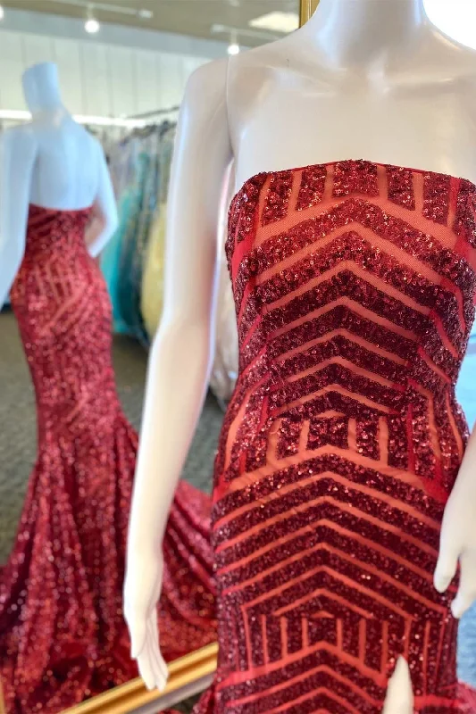 Red Sequin Strapless Mermaid Long Prom Dress with Slit Sparkling Sequin Dress
