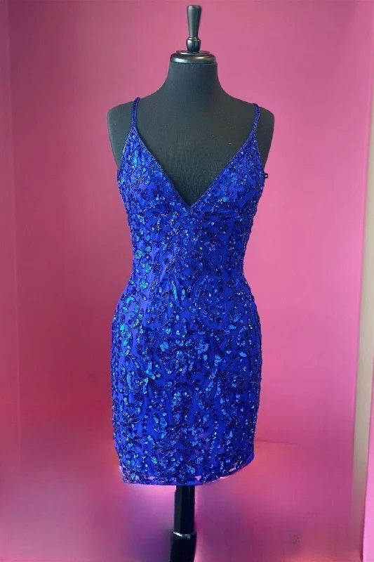 Royal Blue Sequins Deep V Neck Straps Sheath Homcoming Dress Sequin Dress Long