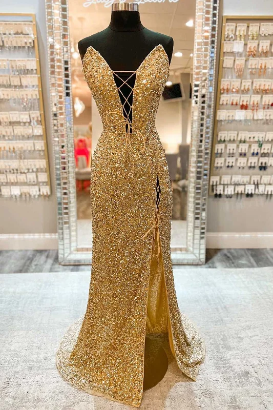 Sexy Gold Sequin Strapless Lace-Up Front Mermaid Long Dress with Slit Sequin Dress Party