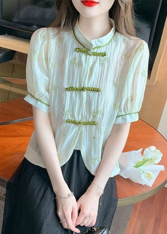 New Beige Stand Collar Embroidered Button Chiffon Shirts Summer OP1075 Button-up Shirt Dress