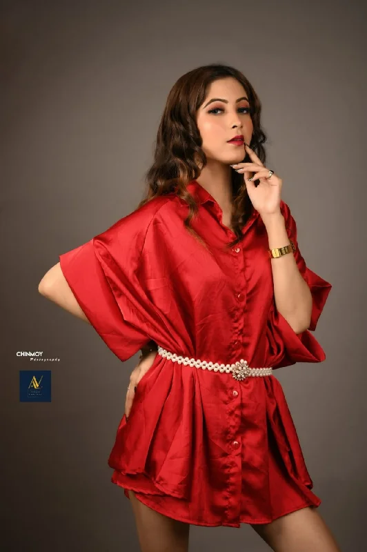 Red Satin Shirt Dress Denim Shirt Dress