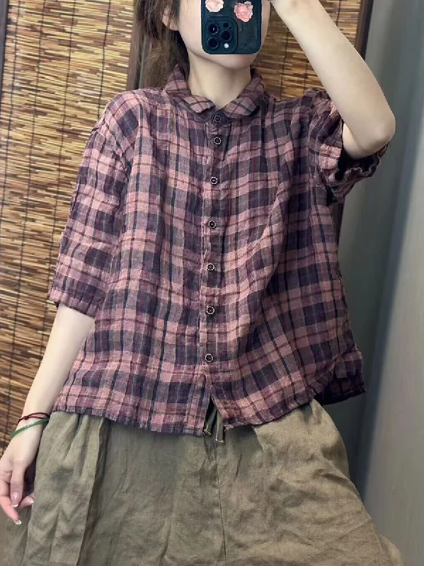Women Summer Vintage Plaid Linen Button-up Shirt WE1045 Modern Button Shirt