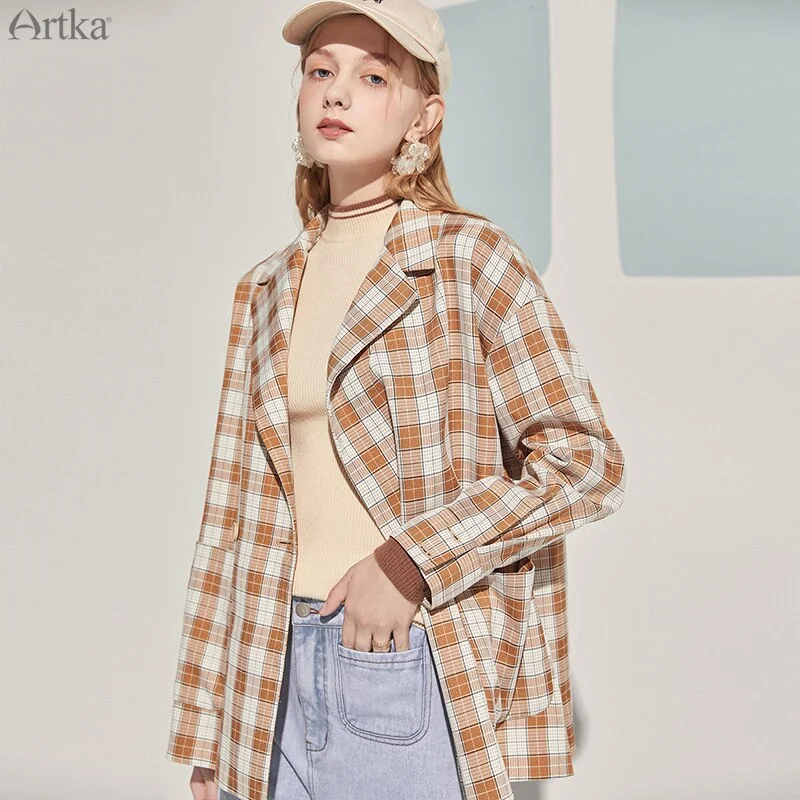 ARTKA 2023 Autumn Women Blazers Vintage Plaid Blazer Jacket Coat Loose Casual Thin Shirt Outwear W120003Q Best women's jackets for layering