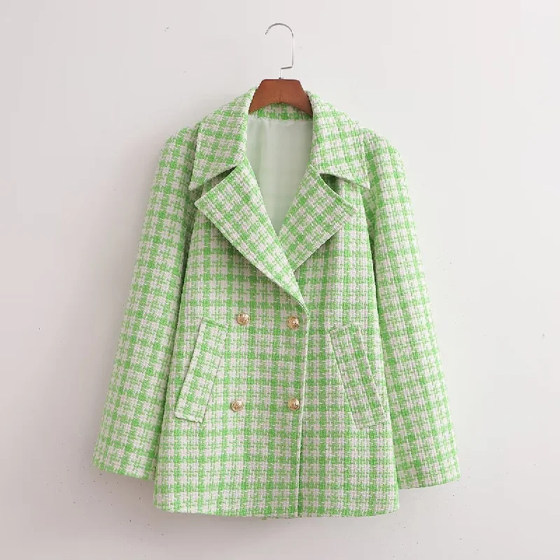 Bmissingyou Green Plaid Lapel Double-breasted Suit Blazer Women's Autumn Oversized Jacket with Pockets Casual Lady Outwear Women's high-end jackets