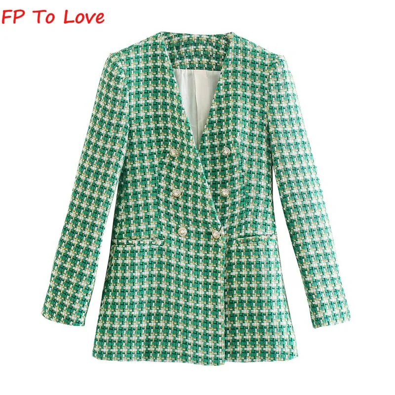 FP TO LOVE 2023 Spring And Autumn French Retro Double-breasted Casual Suit Jacket V-neck Long-sleeved Top Green Women's Outfit Women's military-style jackets